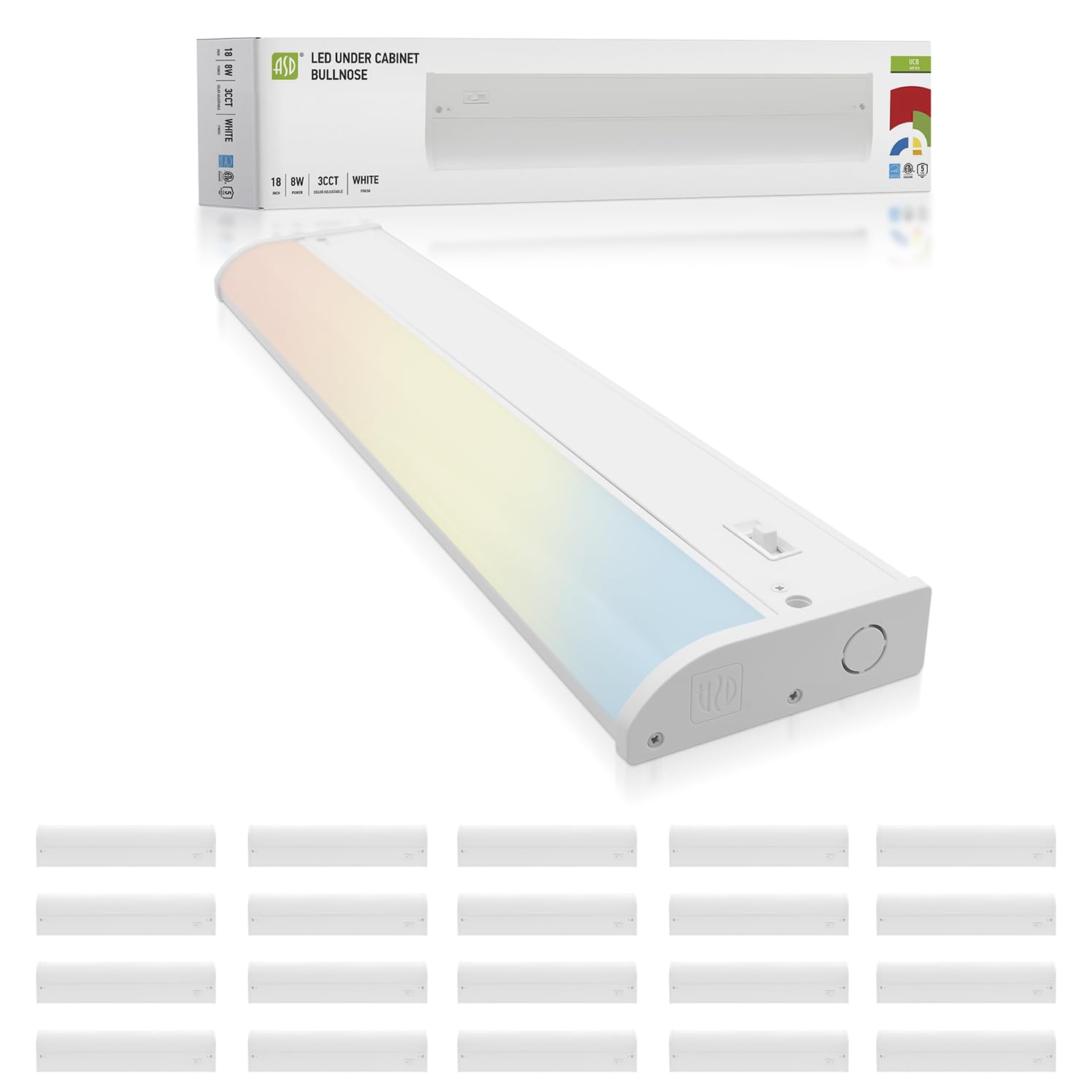 ASD LED Linear Under Cabinet Lighting 18 Inch 8W Dimmable 3000-5000K Aluminum White Finish 20-Pack Model ASD-UCB-18D8CC-WH