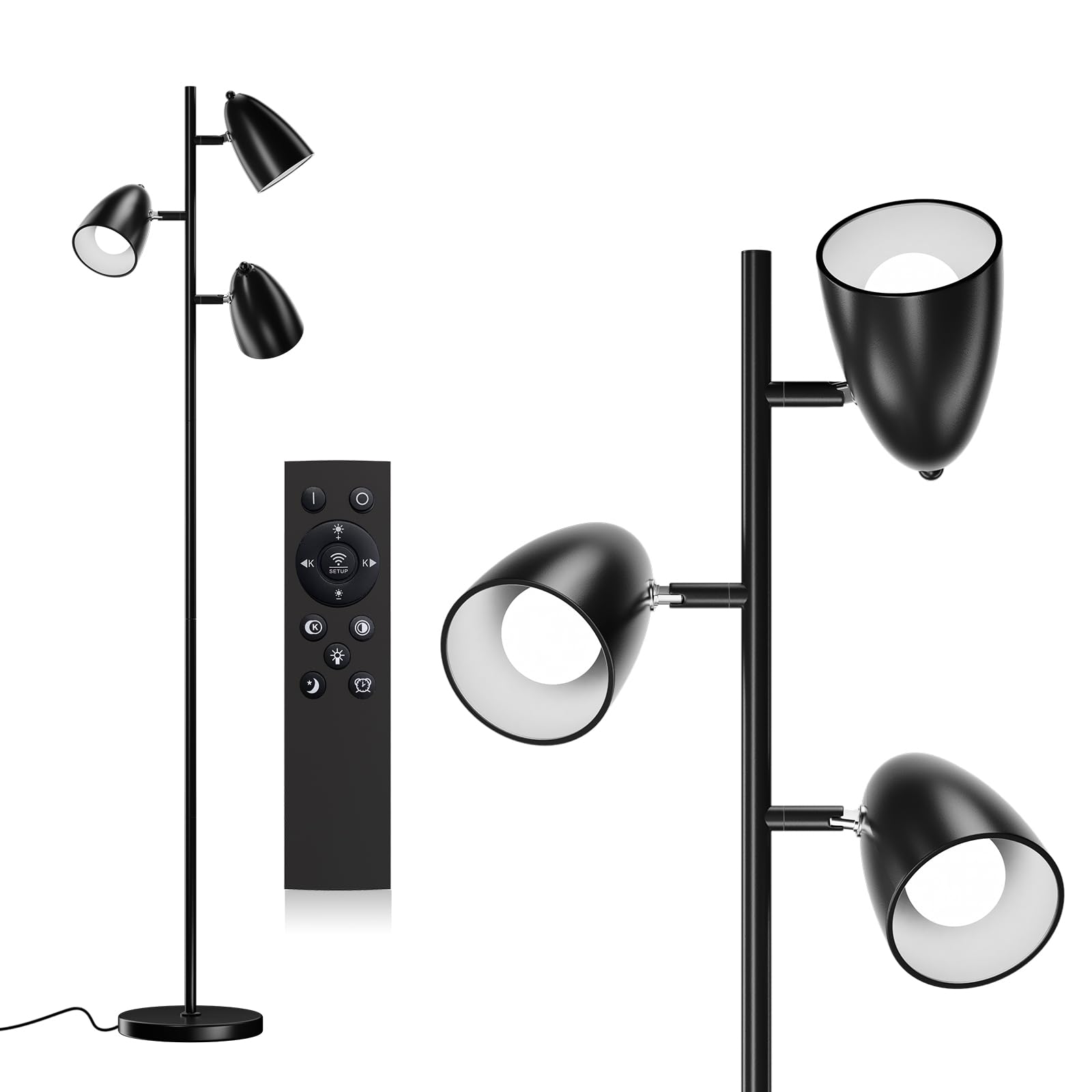 addlon Tree Floor Lamp with Remote, 3 Adjustable Rotating Light and Matching LED Bulbs, Standing Tall Pole Lamps for Living Room