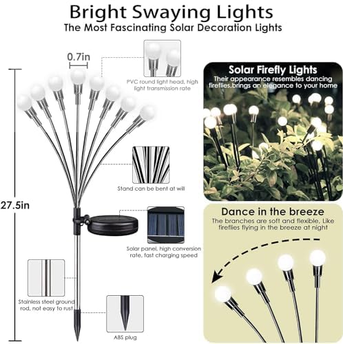OZS Solar Garden Lights 8 Pack, 64 LED Waterproof Fairy Lights, Cool White, Swaying Light for Patio Pathway Decoration