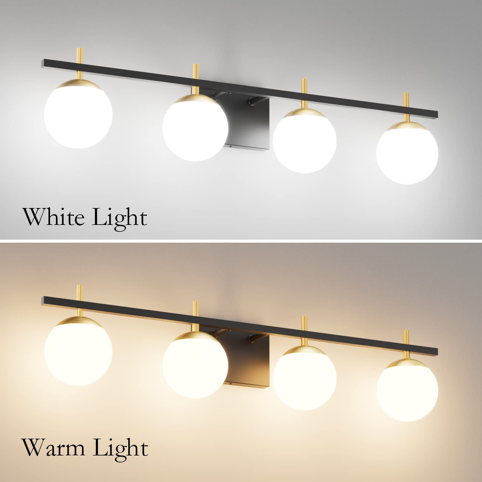 Ralbay Mid Century Modern 4-Light Vanity Light Fixture, Black/Gold, Metal, Model 1100, Milky Glass, Bathroom Over Mirror Lighting