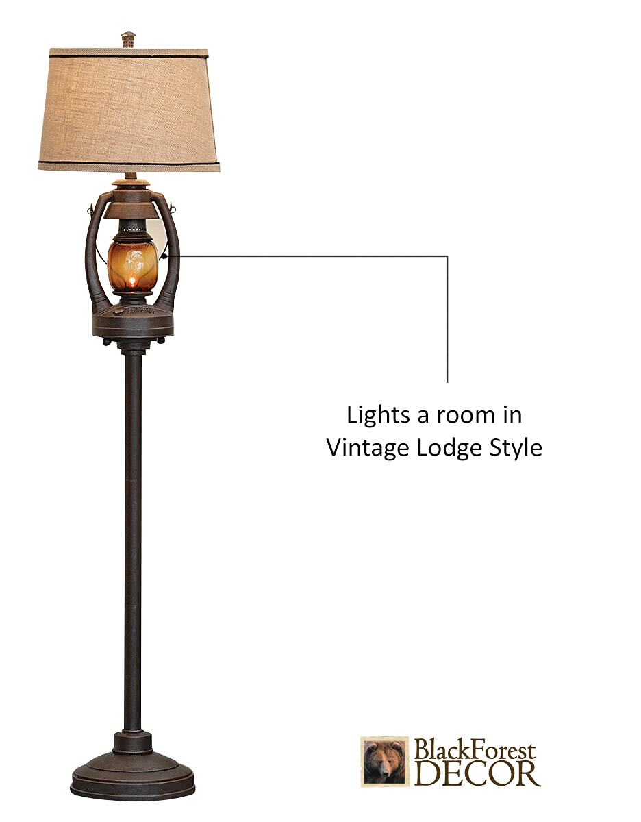 Black Forest D?Or Vintage Lantern Floor Lamp With Burlap Shade - Rustic Lodge Standing Lamp
