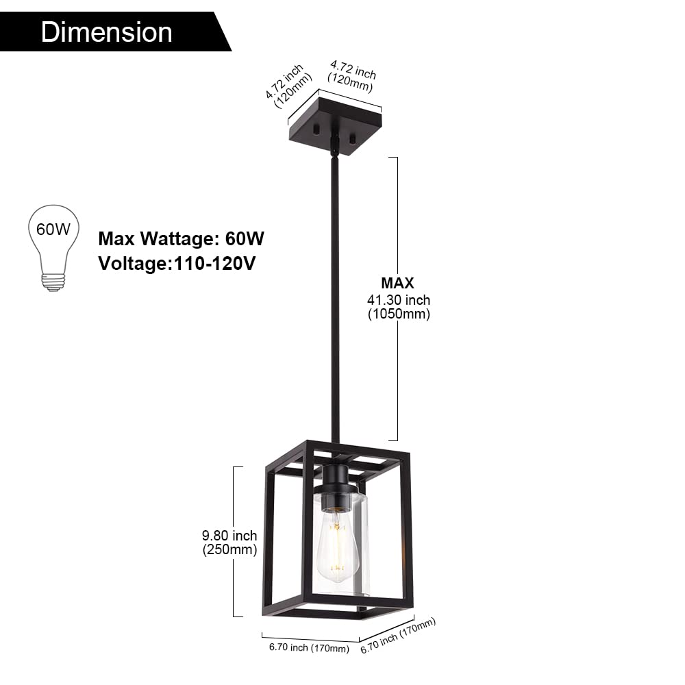VINLUZ 1 Light Pendant Light Fixture - Matte Black Finish, Classic Farmhouse Chandelier with Clear Glass Shade
