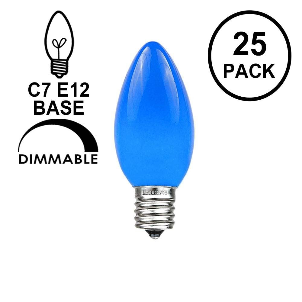 Novelty Lights Ceramic Christmas Replacement Bulbs - Outdoor Individual Bulbs For Events, Holiday Parties, Patios, And More - C7/E12 Candelabra Base, 5 Watt Lights (Blue, 25 Pack)
