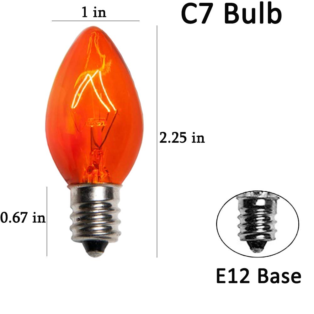 Romasaty C7 Orange Halloween Replacement Bulbs, 25 Count, Glass, C7/E12 Base, 5 Watt