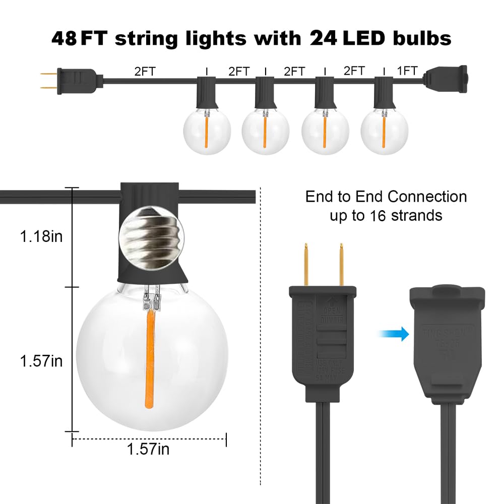 Sunthin Outdoor String Lights, 96Ft(48Ft * 2 Pack) Patio Lights With G40 Shatterproof Led Bulbs, Waterproof Outdoor Lights For Y