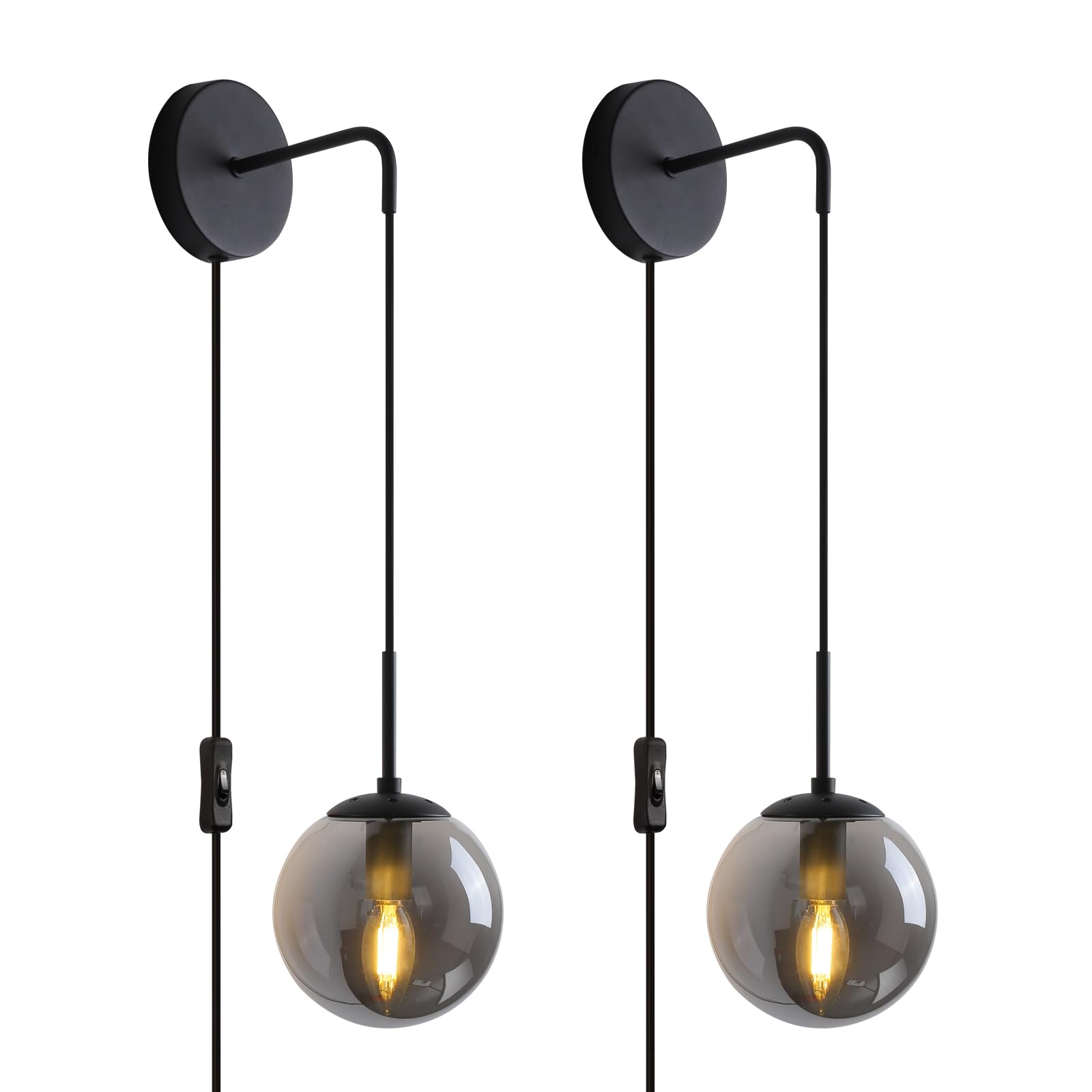 Kuzzull Wall Sconces Set Of Two Matte Black Wall Lights For Bedroom Plug In Wall Sconces Set Of 2 With Globe Smoke Grey Glass Sh