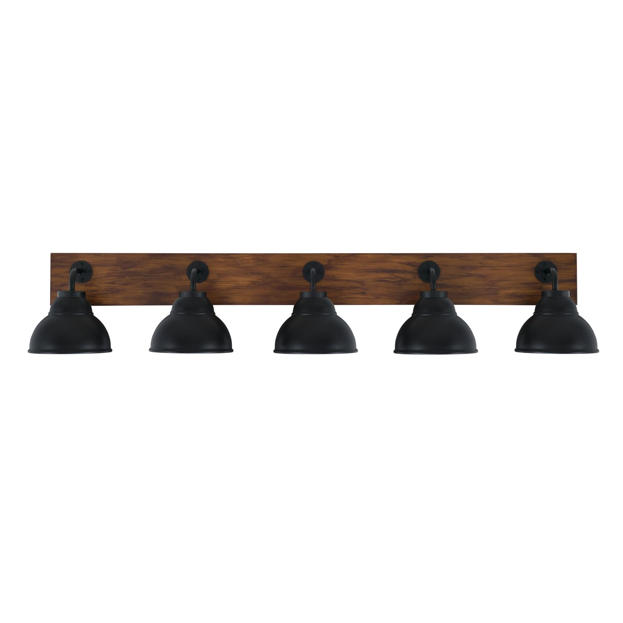 Oxbridge 5 Light Bath Bar In Matte Black & Painted Wood-Look Metal Finish With 7" Matte Black Double Bubble Metal Shades