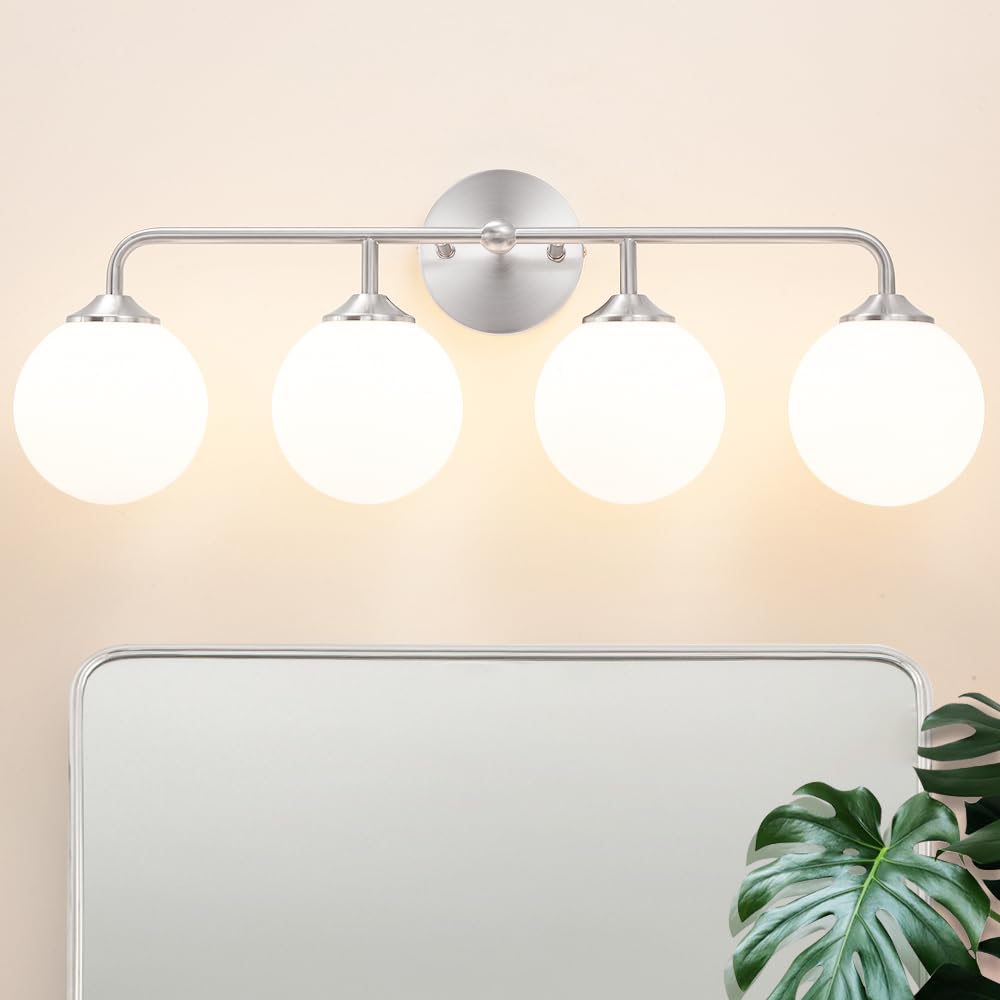 Modern 4-Lights Brushed Nickel Vanity Lights Over Mirror  Bathroom Lighting Fixtures With Milk White Globe Glass Shade  Industrial Bathroom Wall Sconce For Dressing Table Bedroom Living Room
