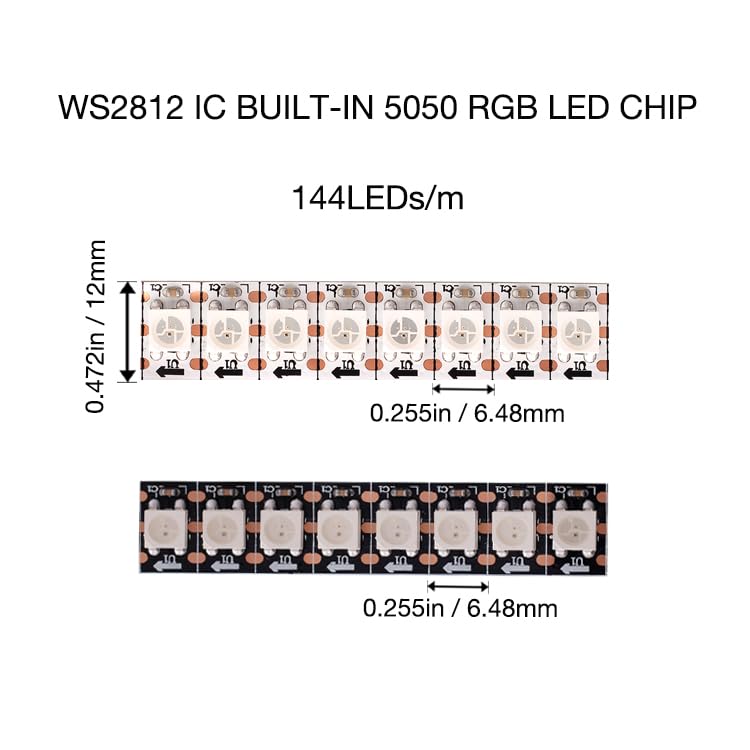KWMSTPLT WS2812B RGB LED Strip, 3.2FT 144 LEDs, Individually Addressable, White PCB, Non-Waterproof, Model WS2812B1