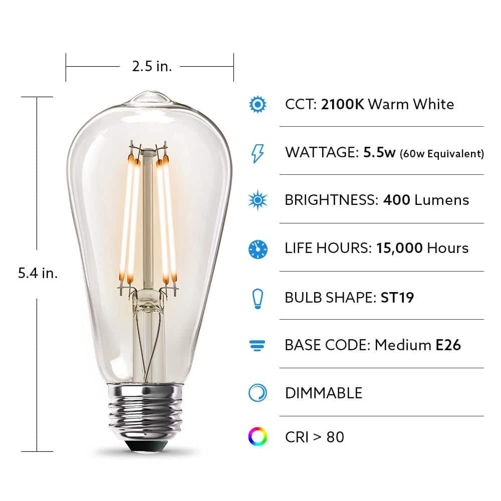 Feit Electric Vintage Edison LED Light Bulb, 60W Equivalent, Dimmable, Warm White, ST19 Model, Clear Glass, 4 Pack