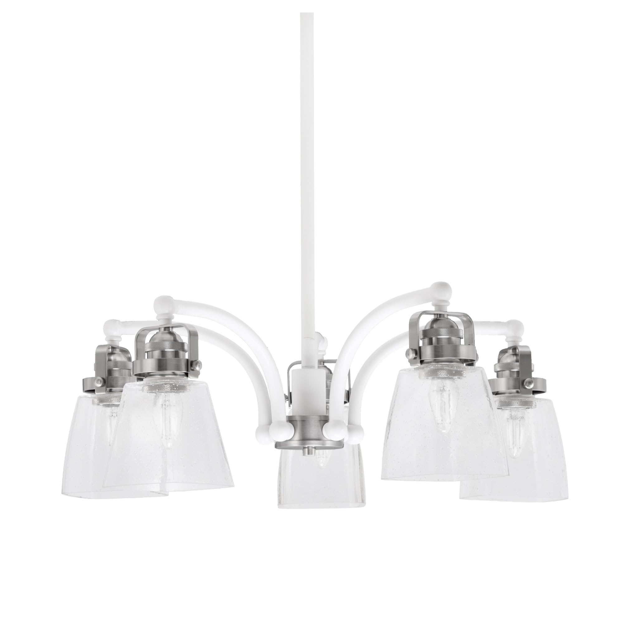 Easton Downlight, 5 Light, Chandelier Shown In White & Brushed Nickel Finish With 4.5&quot; Square Clear Bubble Glass