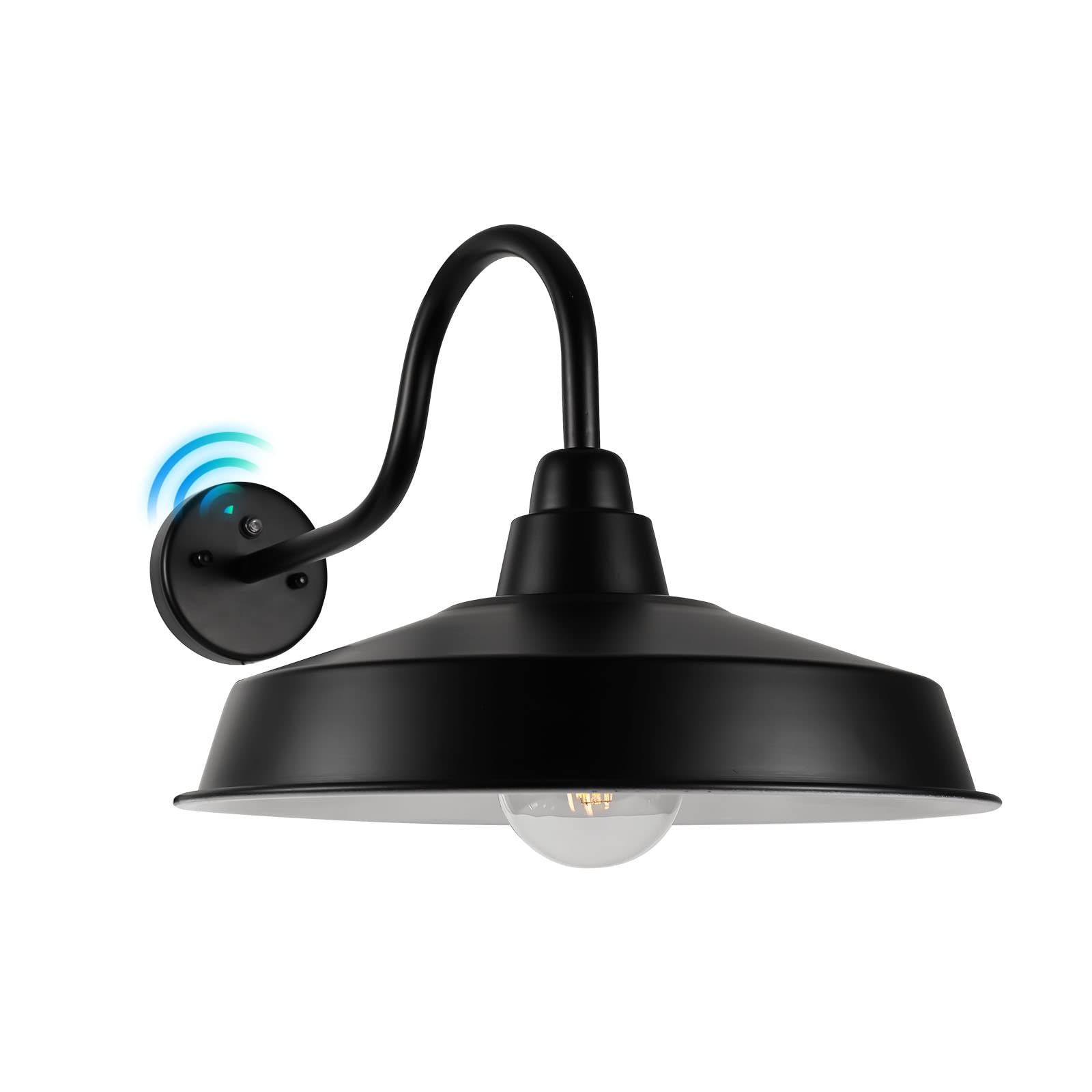 Diyel Dusk To Dawn Gooseneck Barn Light Outdoor, 16 Inch Dome Large Farmhouse Exterior Light Fixture Wall Mount, Industrial Outdoor Wall Sconce Outside For House, Shop, Porch, Garage, Black, 1 Pack