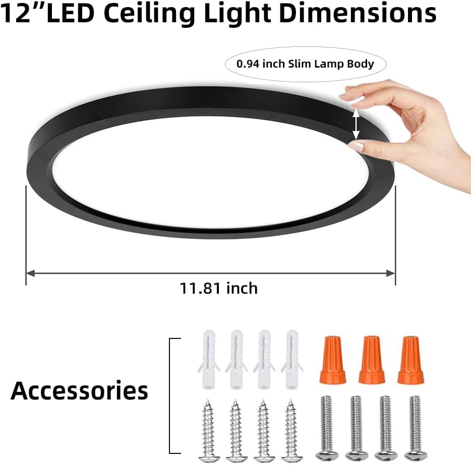 hykolity LED Round Flat Panel Light, 12 Inch, 24W, Selectable CCT 3000K/4000K/5000K, Edge-Lit, Black,