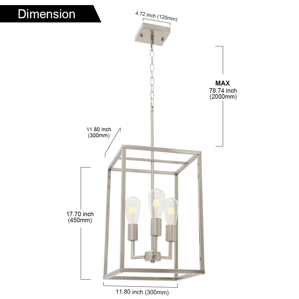 VINLUZ 3 Light Classic Indoor Chandelier Brushed Nickel Finish Foyer Lantern Pendant Lighting for Hallway Kitchen Dining Room