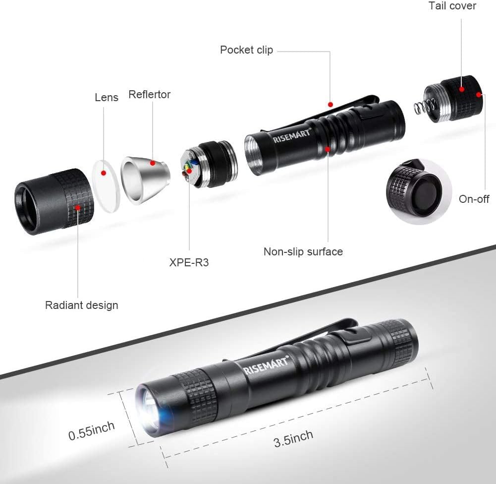 Risemart Super Small Mini Flashlight Aaa 100 Lumens Ultra Bright Led Pen Light Pocket Clip Tactical Torch Lamp(3.5'' 2Pack)