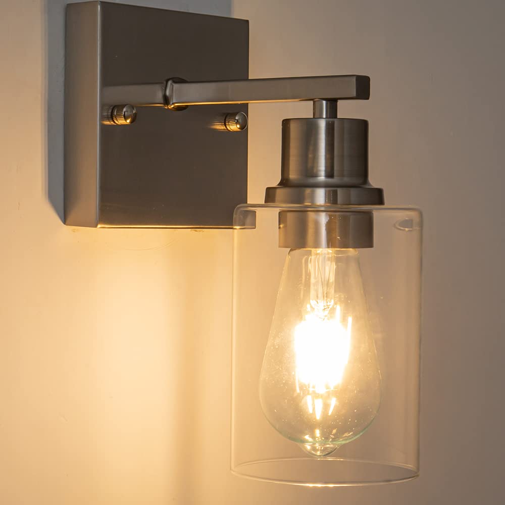 Emong Brushed Nickel Bathroom Light Fixtures, 1-Light Vanity Lights With Clear Glass Shade, Wall Sconces For Hallway, Farmhouse,