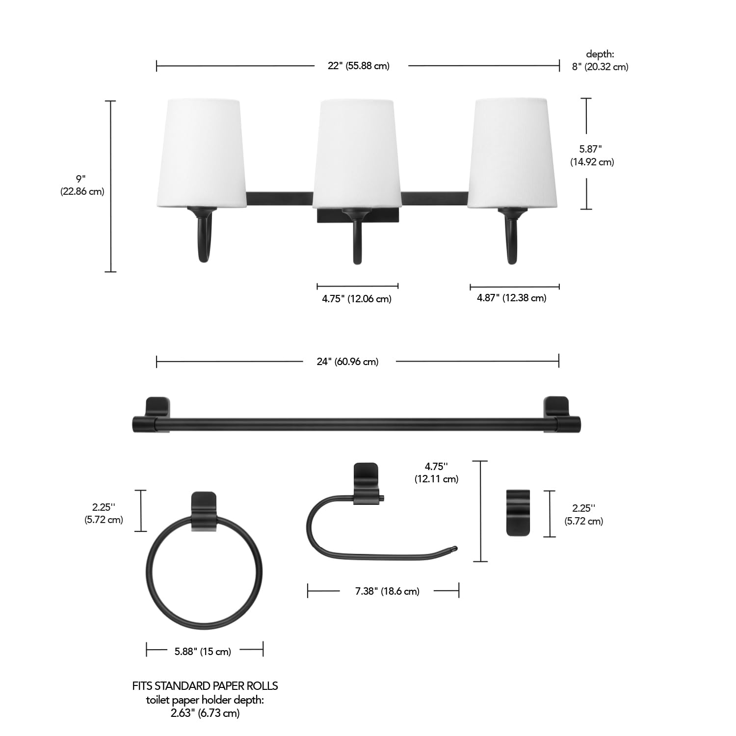 Globe Electric 63000206 5-Piece All-In-One Bath Set With 22'' 3-Light Vanity Light, Matte Black, Damp Rated Linen Shades, Towel