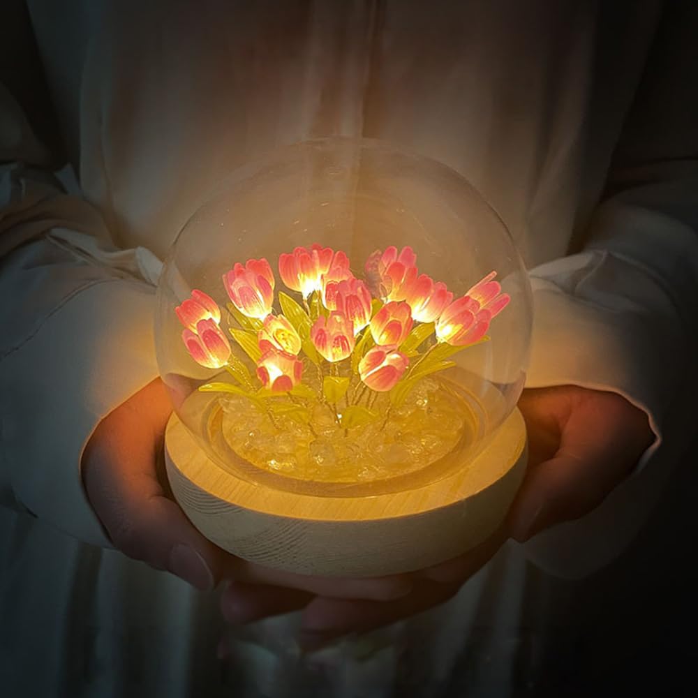 (20 Flower) Birthday Gifts For Mom, Assembled Tulip Lamp Night Light With Glass Dome,Handmade Artificial Flower Table Lamp Bedro