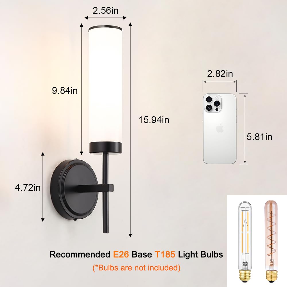 DSMJFU Matte Black Wall Sconces Set of 2, Hardwired Modern Lighting with Opal White Glass, 15.94in for Bathroom, Living Room, Hallway