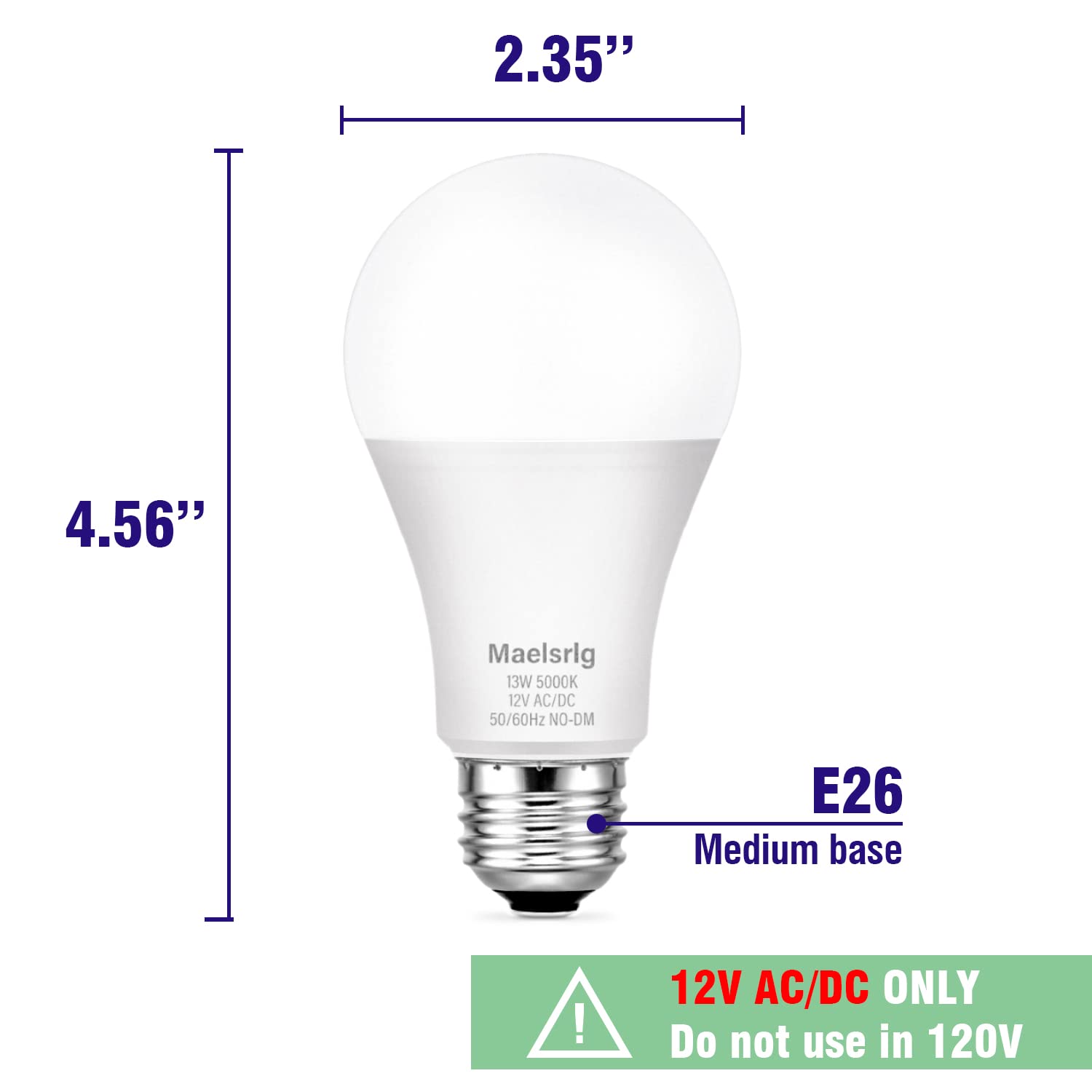 Maelsrlg Led 12V Light Bulb, 100W Equivalent, Daylight White, E26 Base, 4-Pack