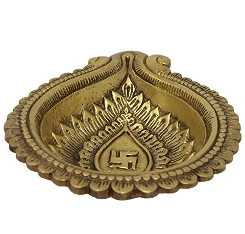Shalinindia Brass Metal SwastikaDiyafor Puja and Aarti Ghee Oil Wick Lamp 1.5 x 6.5 x 5.5 inches 765 Grams