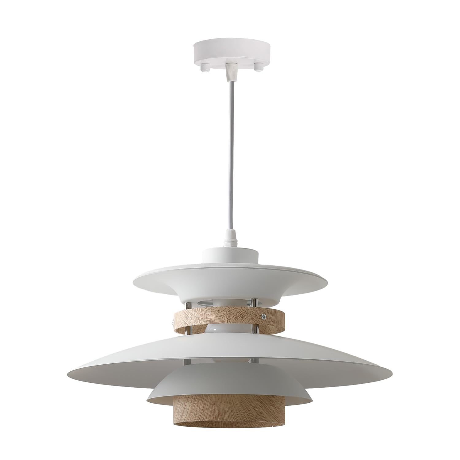 EFINEHOME Modern Pendant Lamp, 1-Light E26 Ceiling Light, Aluminum & Wood, 35cm, White & Light Wood Grain, Model EFLM22385H