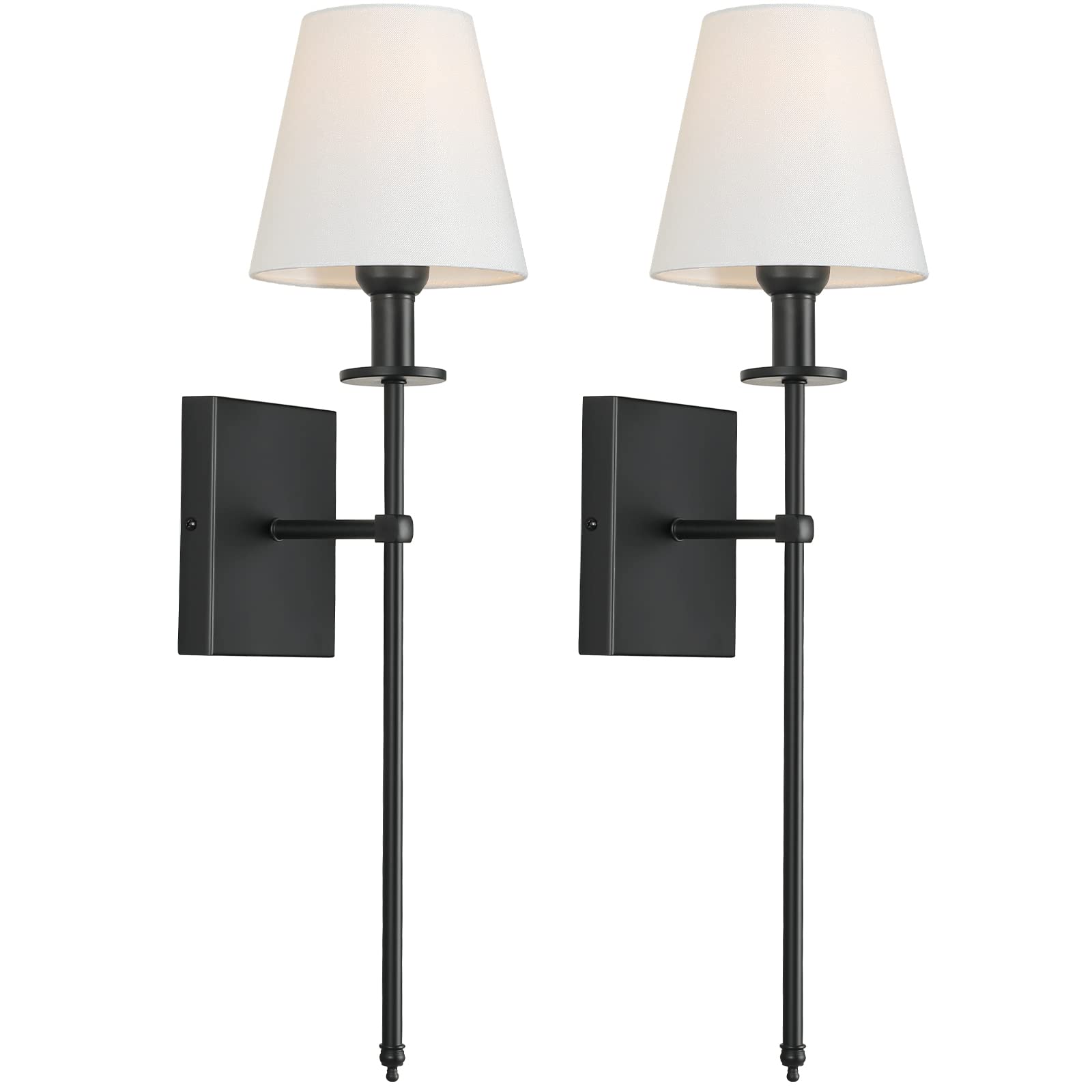 Set of 2 Slim Wall Sconces with White Fabric Shade, Plug in or Hardwired Indoor Wall Lights, Matte Black Bedside Wall Lantern Me
