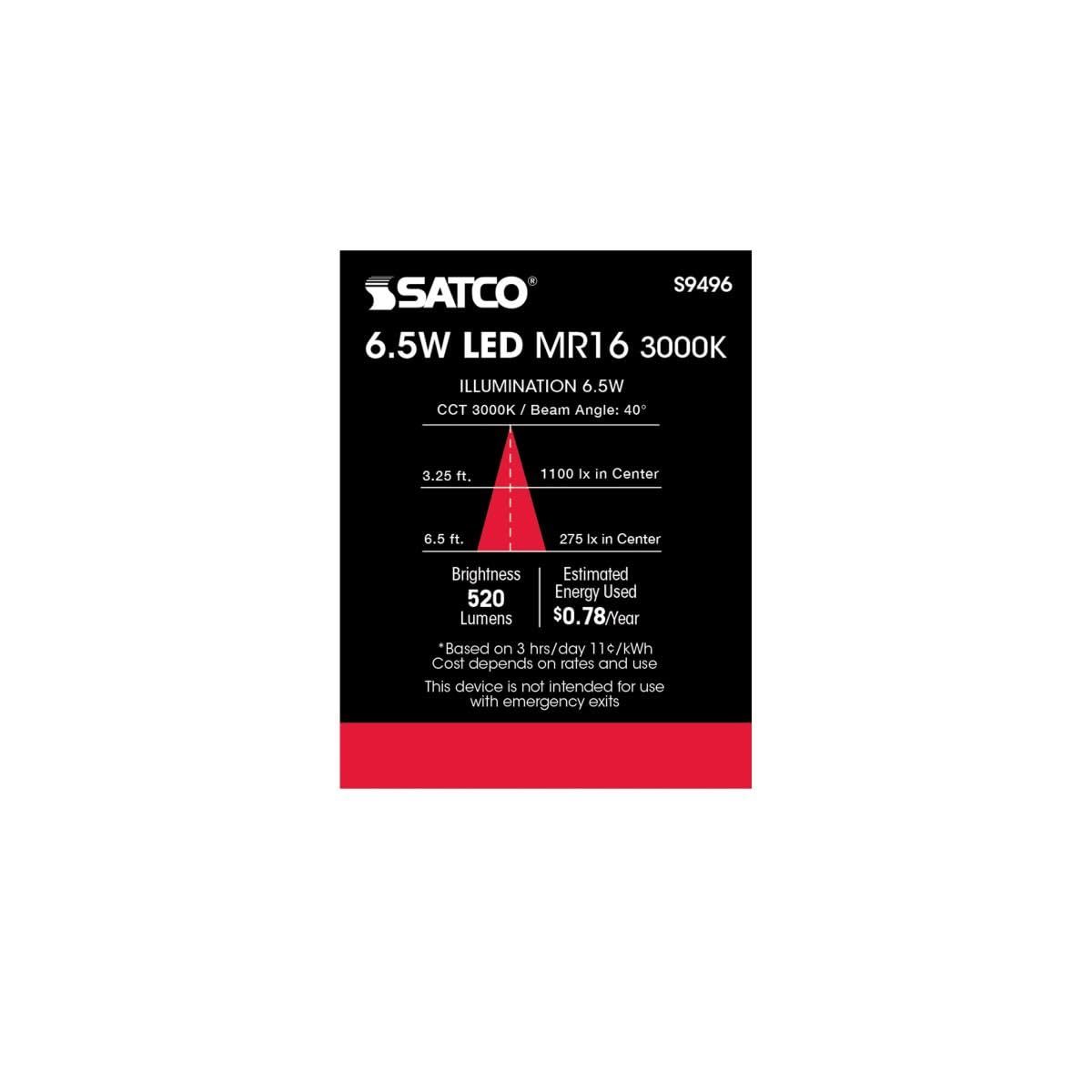 Satco Lighting S9496-6.5 Watt Dimmable Mr16 Low Voltage Led Light Bulbs - 3000K - 40 Degree Beam Angle - Gu5.3 Base - 12 Volt Ac