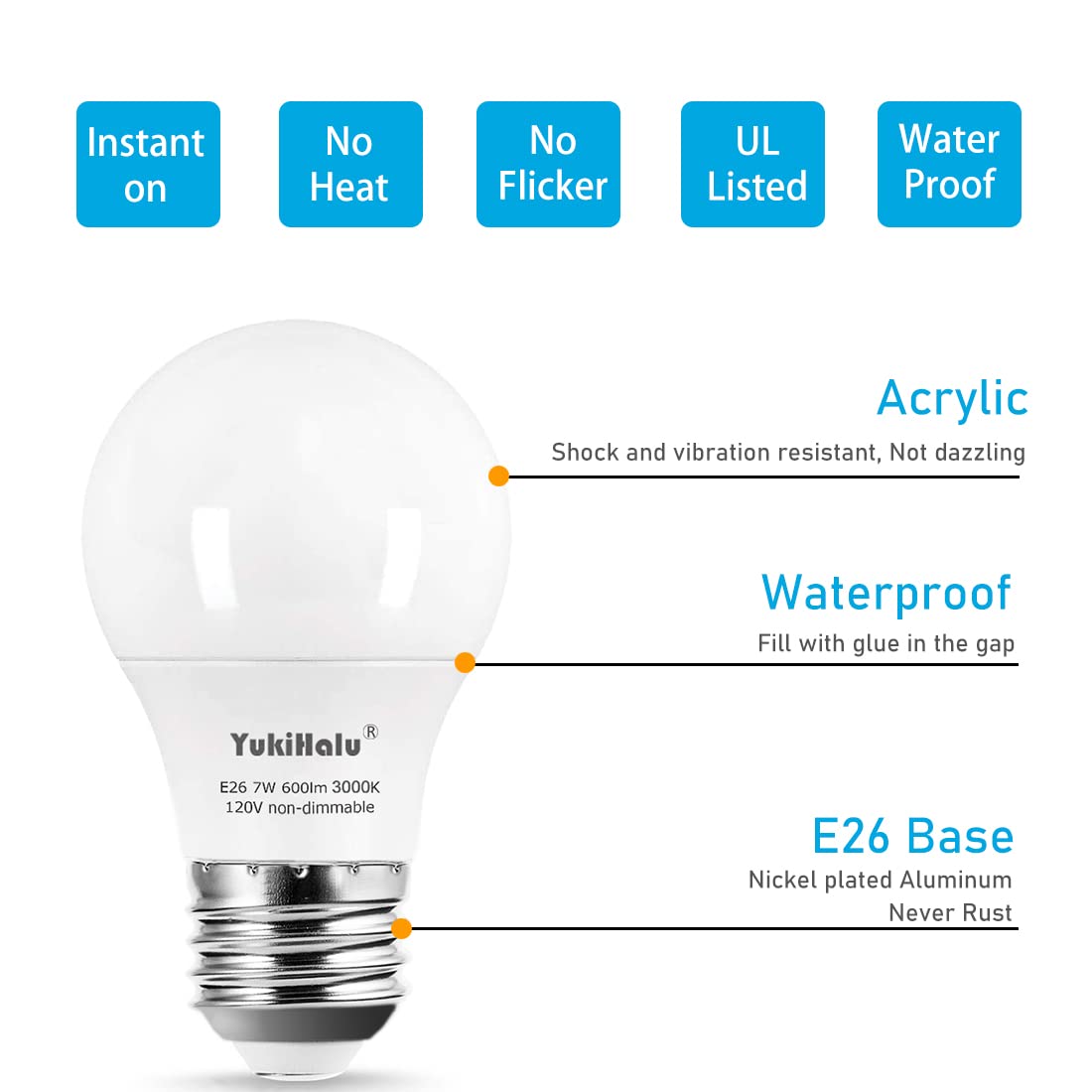 Yukihalu A15 Led Light Bulbs, 60W Equivalent, 7W 600 Lumens, 3000K