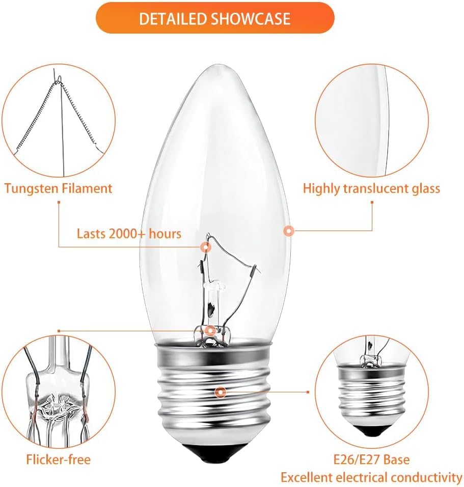 Scomx 40W Incandescent Equivalent Torpedo Tip Chandelier Bulbs, E26 Base, 6 Pack, Clear Glass