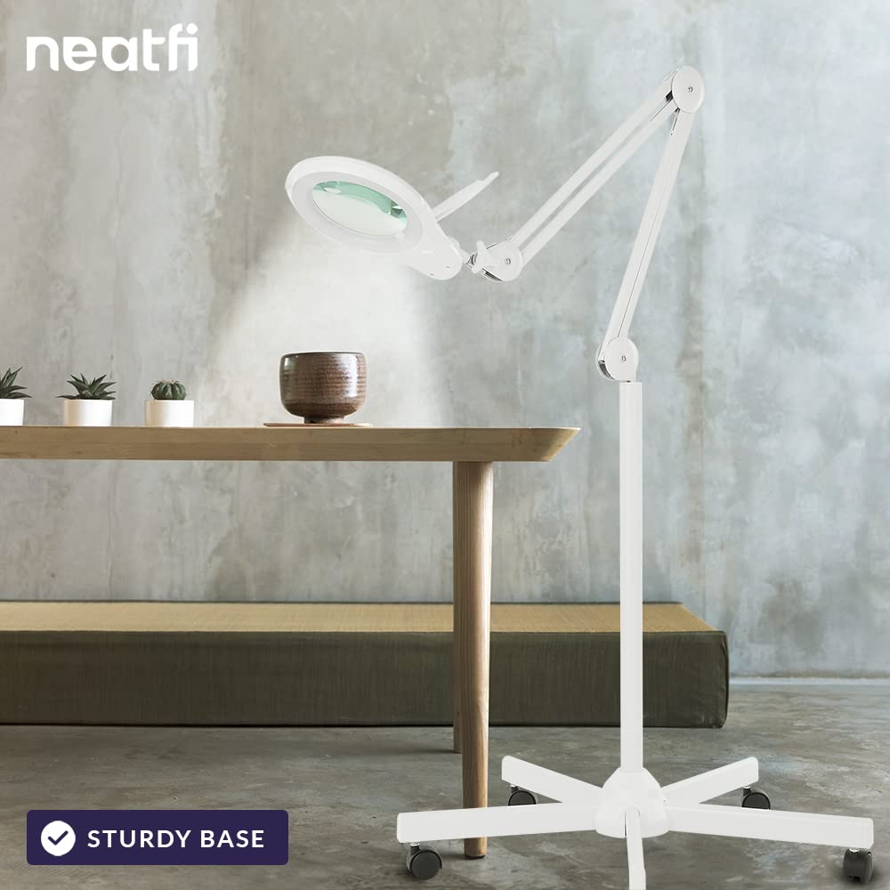 Neatfi Bifocals LED Magnifying Floor Lamp, 1200 Lumens, Dimmable, 5 Diopter + 20 Diopter, 5 Inches, White, Iron