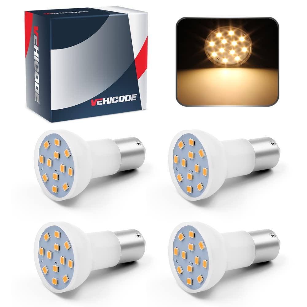 VehiCode 1383 1139 LED Bulb RV 12V Soft Warm White Super Bright 1156 1141 1143 R12 BA15S Flat Replacement for Camper Trailer Boat Marine Interior Reading Light Puck Spotlight Desk Lamp (4 Pack)