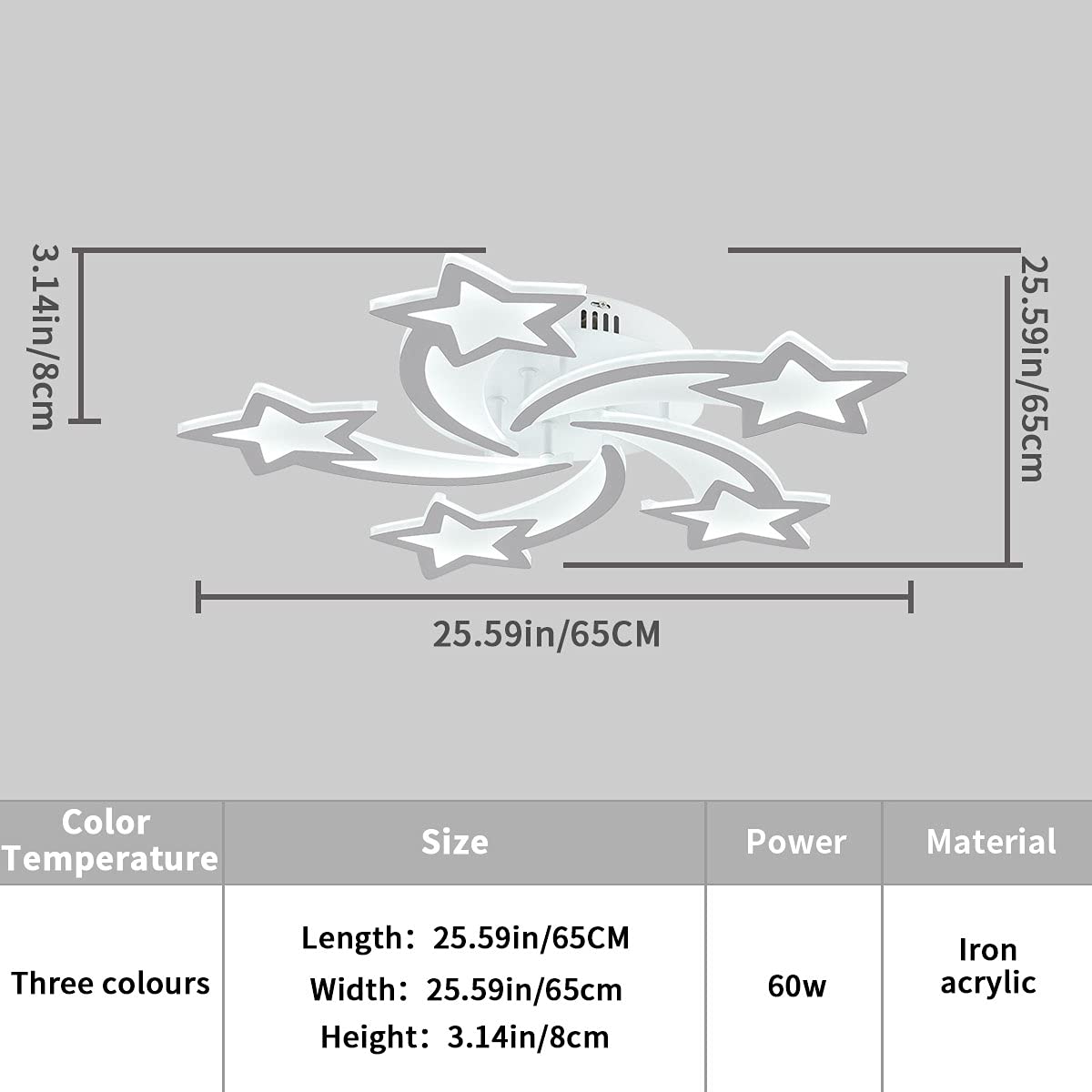 Qcyuui Dimmable Led Ceiling Lights,60W Modern Acrylic Chandeliers,5 Lights Head Star Shape Ceiling Lamp With Remote Control Flus