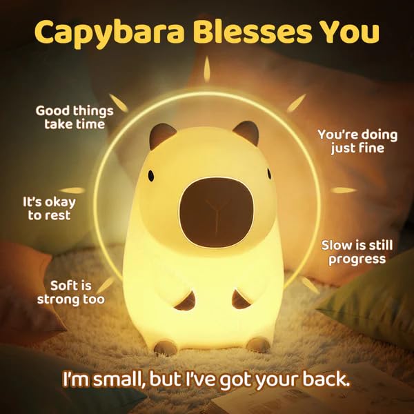 Huggwaii Squishy Capybara Night Light For Kids - Soft Silicone Tap-Control Kids Night Light With 2 Brightness Levels & 20-Min Timer  Cute Lamp For Nursery Bedroom Decor  Baby Gift (1200Mah Battery)