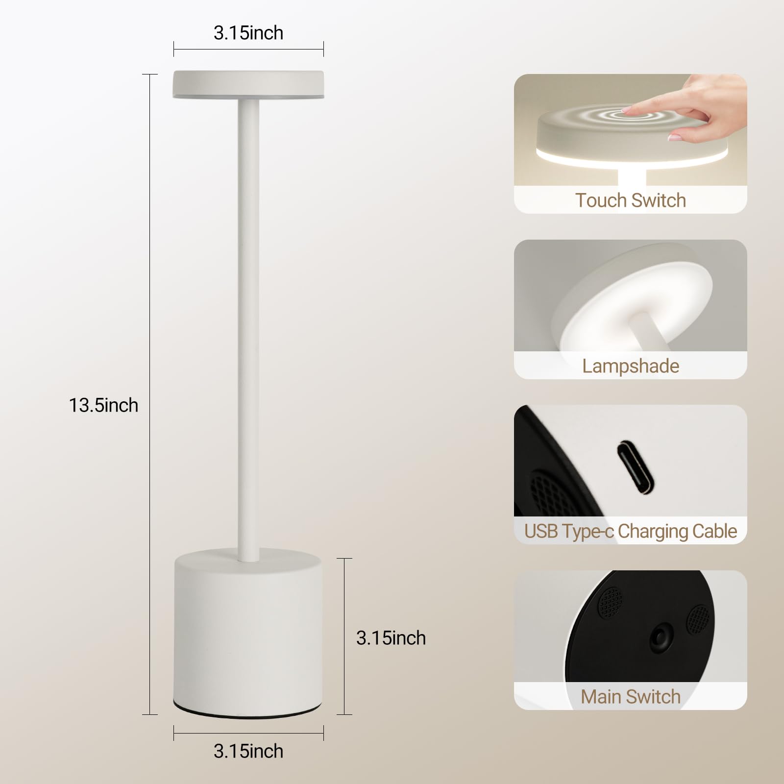 ZOOPEEN LED Cordless Rechargeable Table Lamp, 5200mAH Battery, Touch 3 Color Dimming, 2 Pack, Metal, White, Model TL2W
