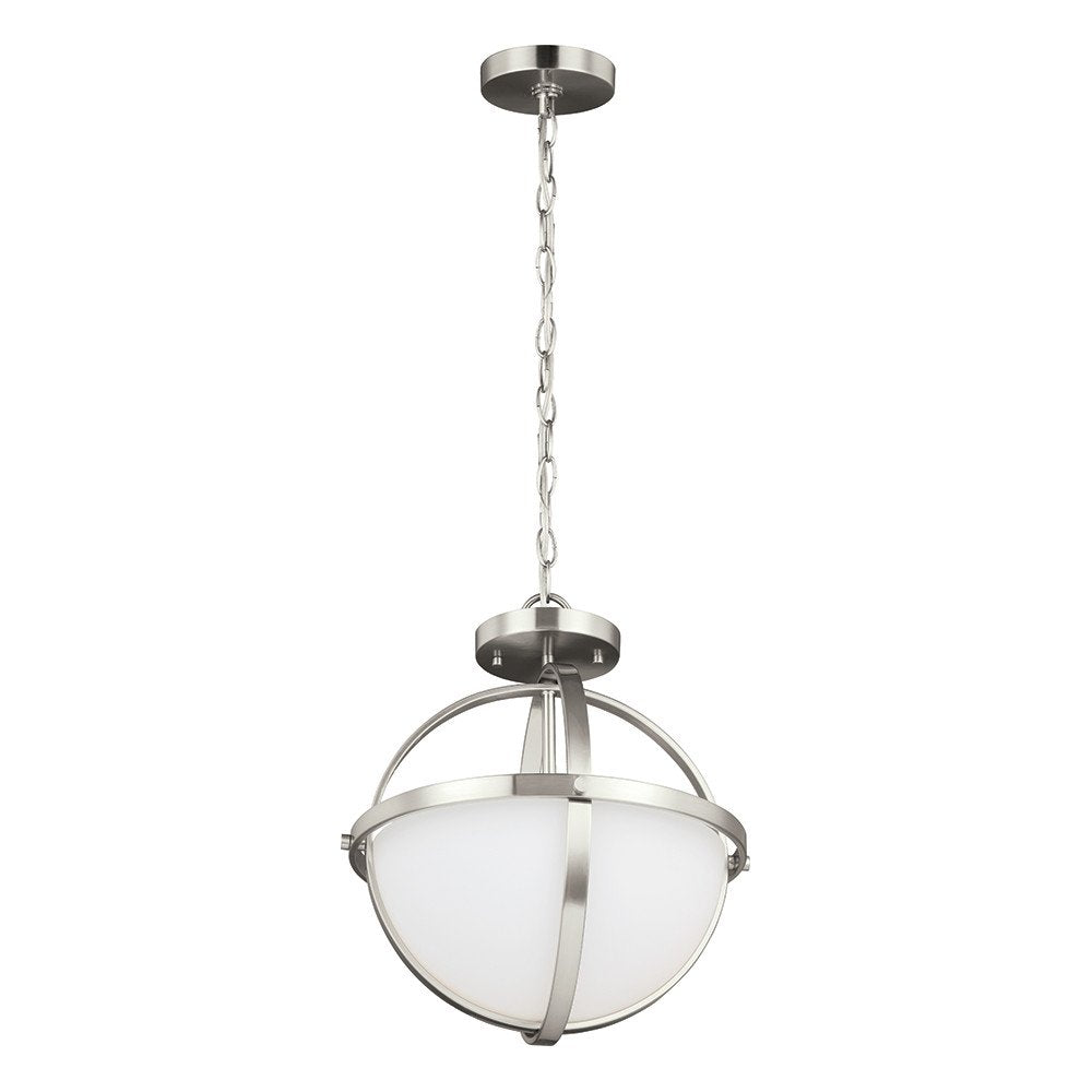 Sea Gull Lighting Alturas Two-Light Semi-Flush Pendant, Brushed Nickel, Alloy Steel, Model 7724602-962, Etched White Glass Shade