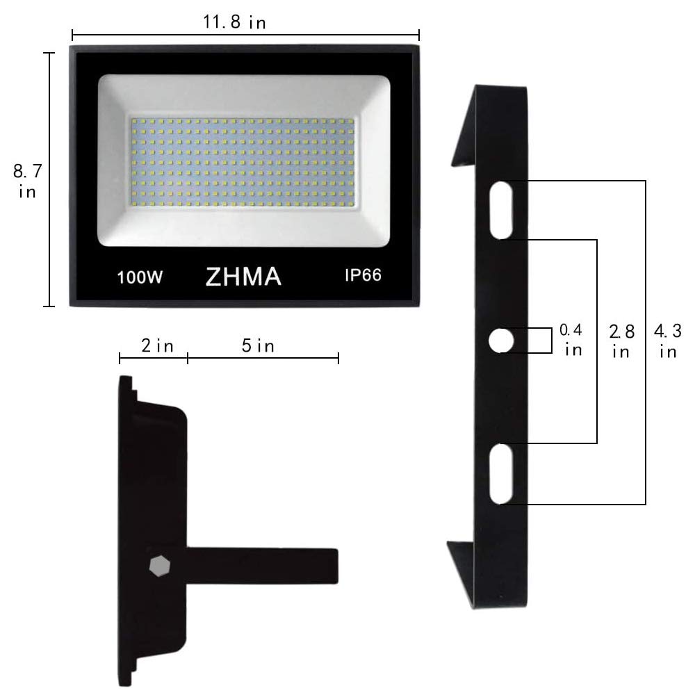 ZHMA 100W LED Flood Lights Outdoor, 9000LM Bright, IP66 Waterproof, 2 Pack, 6500K White for Garage, Yard, Garden, Basketball Court
