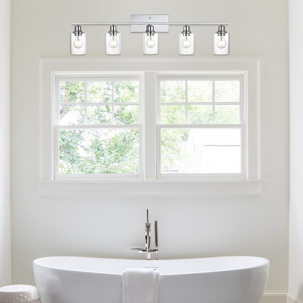 VINLUZ 5 Light Bathroom Lighting Fixture, Chrome Finish, Clear Glass Shade, Contemporary Wall Light for Entryway and Hallway