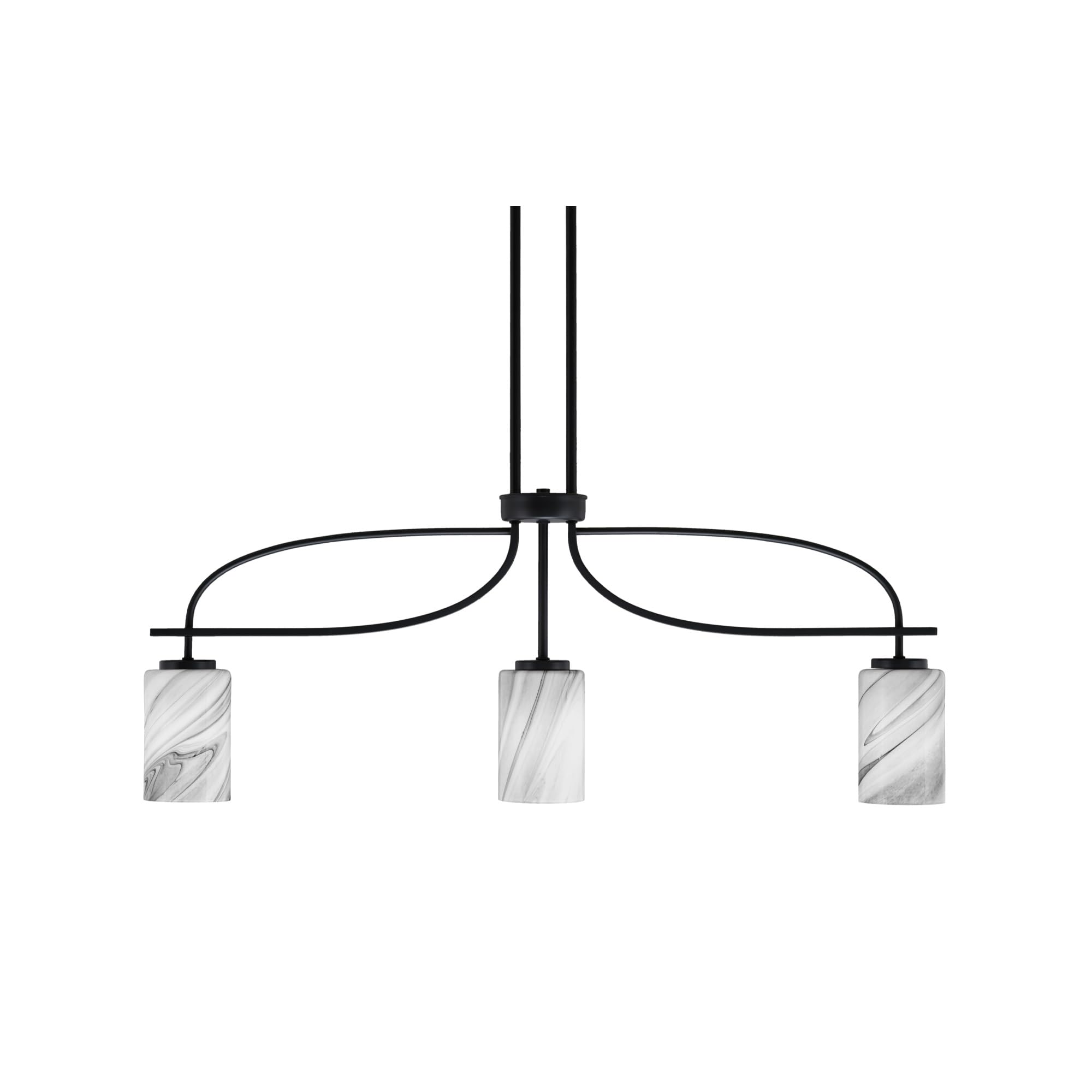 Cavella 3 Light Island Light Shown in Matte Black Finish with 4&quot; Onyx Swirl Glass