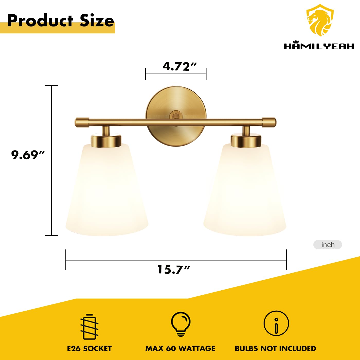 Hamilyeah Gold 2-Light Bathroom Vanity Light Fixture With Frosted Glass Shade, Wall Lamps