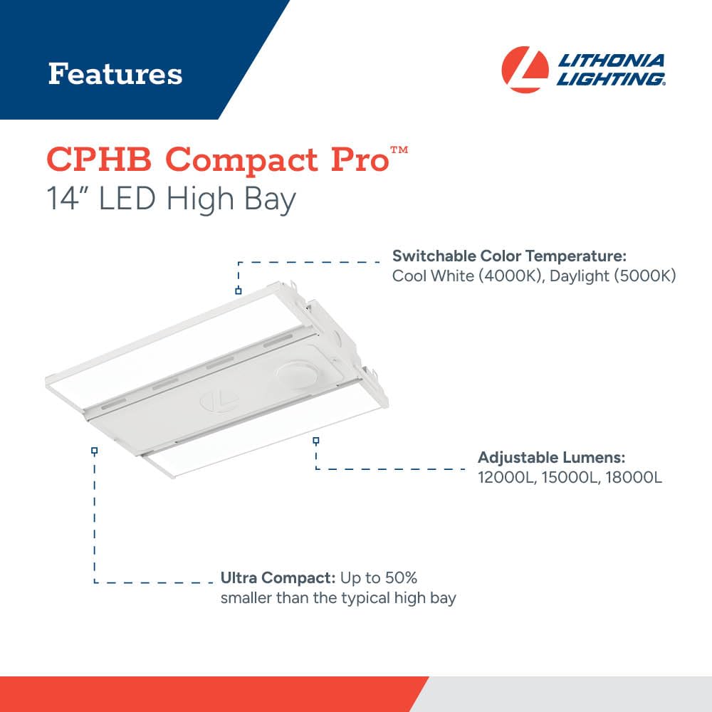 Lithonia Lighting Compact Pro Led High Bay Light  Ceiling Lighting Fixture  Adjustable 12000/15000/18000 Lumens  Selectable 4000K/5000K  Mvolt 120-277V (Cphb Alo13 Mvolt Sww9 80Cri Dwh)