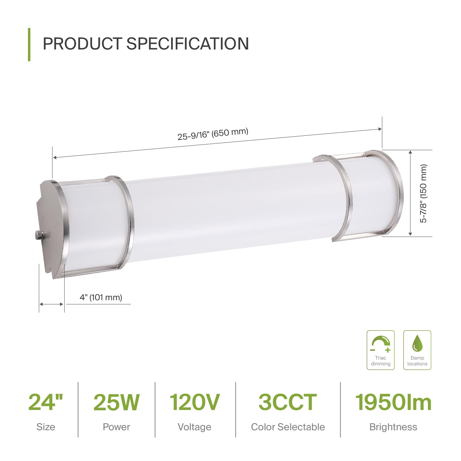 ASD LED Flush Mount Vanity Light Fixture, 25W 1950LM, Dimmable, 24 Inch, Brushed Nickel, 2 Pack