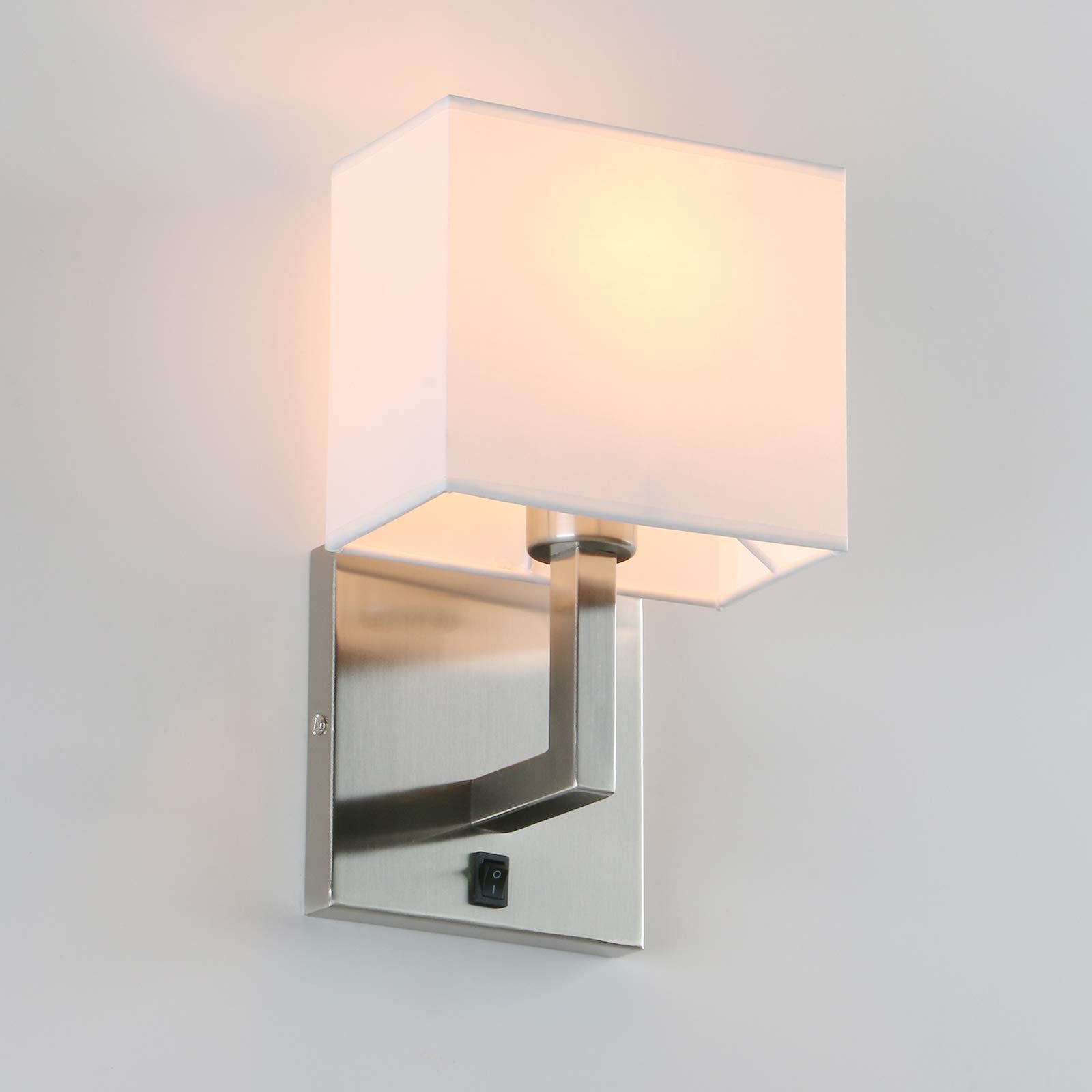 Permo Single Wall Sconce Light Fixture Brushed Finish With White Textile Shades And On/Off Switch Button Small Modern Nightstand