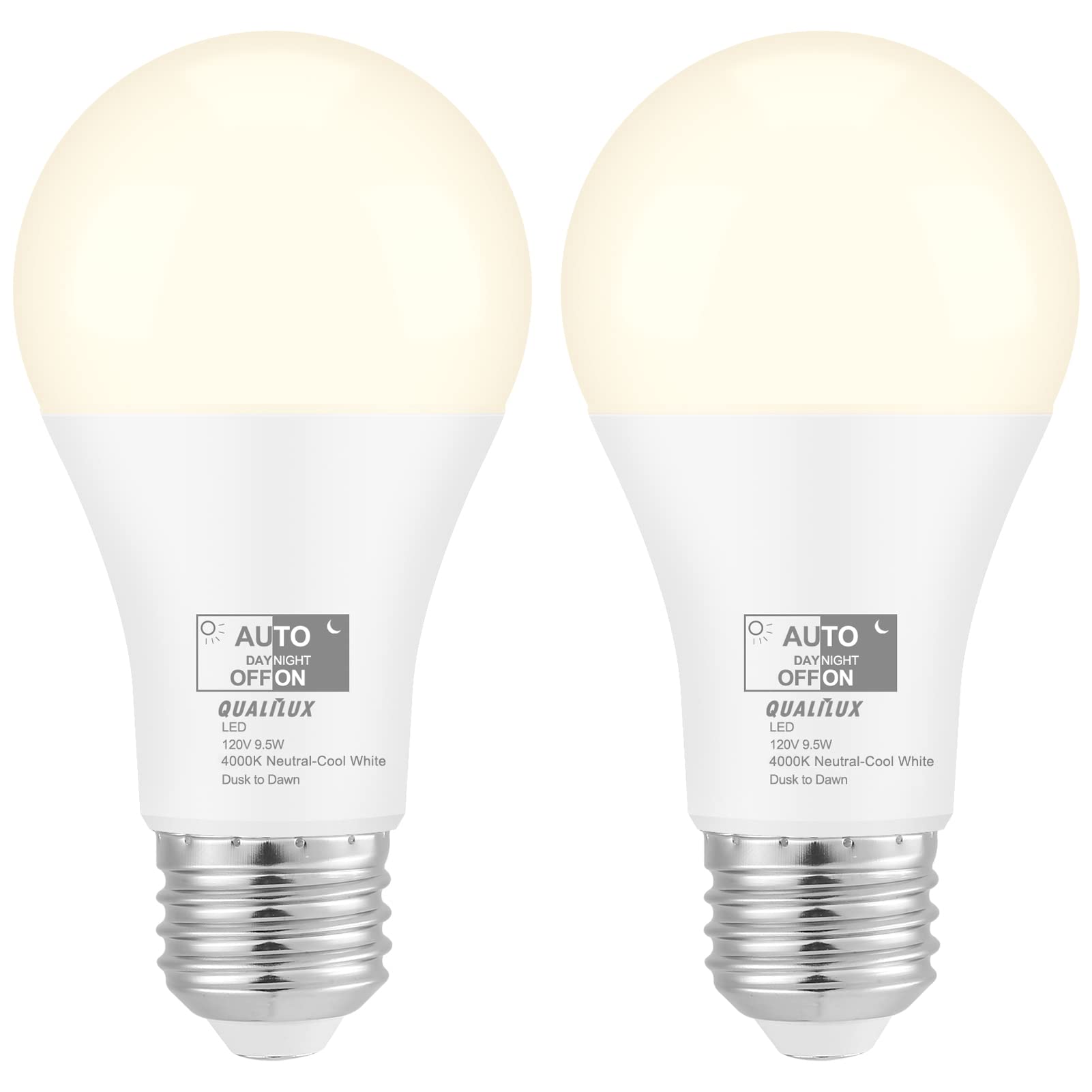 Qualilux Dusk to Dawn LED Light Bulbs 4000K Cool White 850LM 60W Equivalent A19 E26 Base 2-Pack