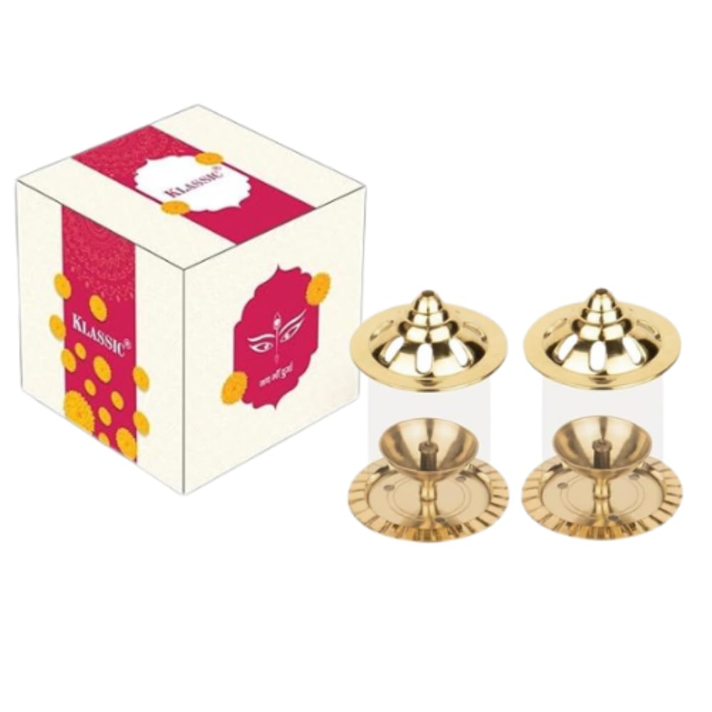 Klassic Navjyoti 4 Inch Akhand Diya with Borosilicate Glass Shade for Mandir, Decorative Brass &Glass Oil Lamp Lantern Diya with