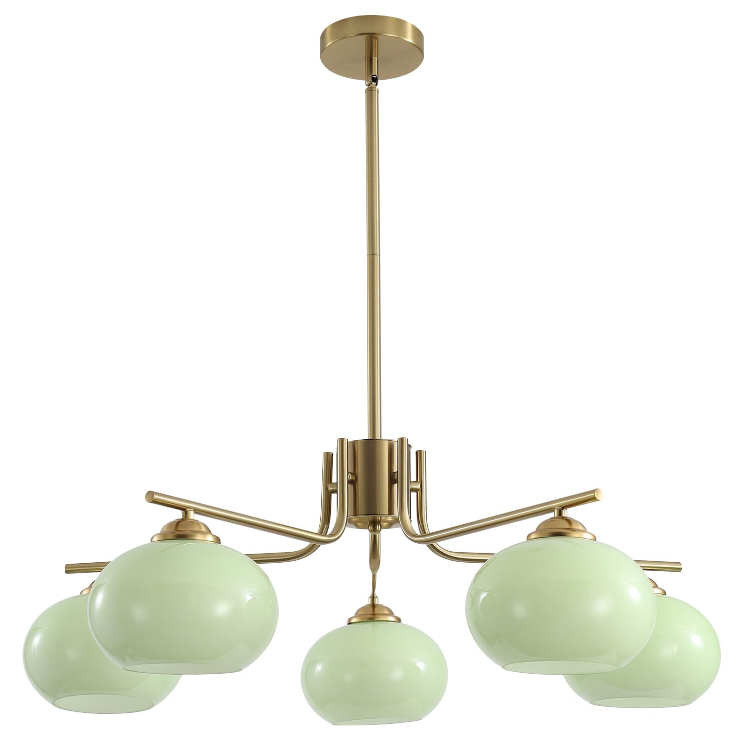 KCO Green Glass Pendant Light 5-Light Sputnik Chandelier Brushed Brass Mid Century Modern Fixture L1158-5-G