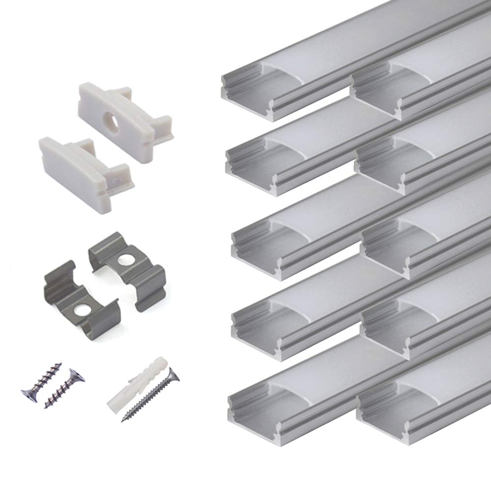 Hunhun 10-Pack 6.6Ft/ 2Meter U Shape Led Aluminum Channel System With Milky Cover, End Caps And Mounting Clips, Aluminum Profile