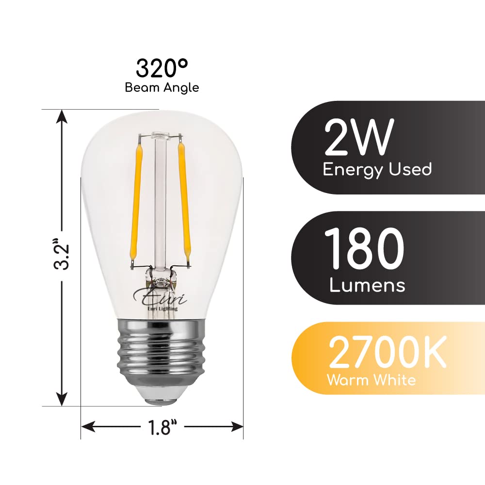 Euri Lighting Es14-2W1120, Non-Dimmable S14 Filament For String Lights, 2W (25W Equal), Warm White (2700K),180Lm, 80Cri, E26, We