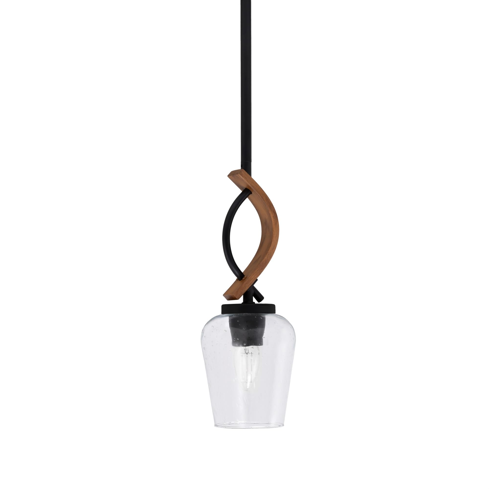 Toltec Lighting Monterey Stem Hung Mini Pendant, Matte Black & Wood-Look Metal, 5in Clear Bubble Glass