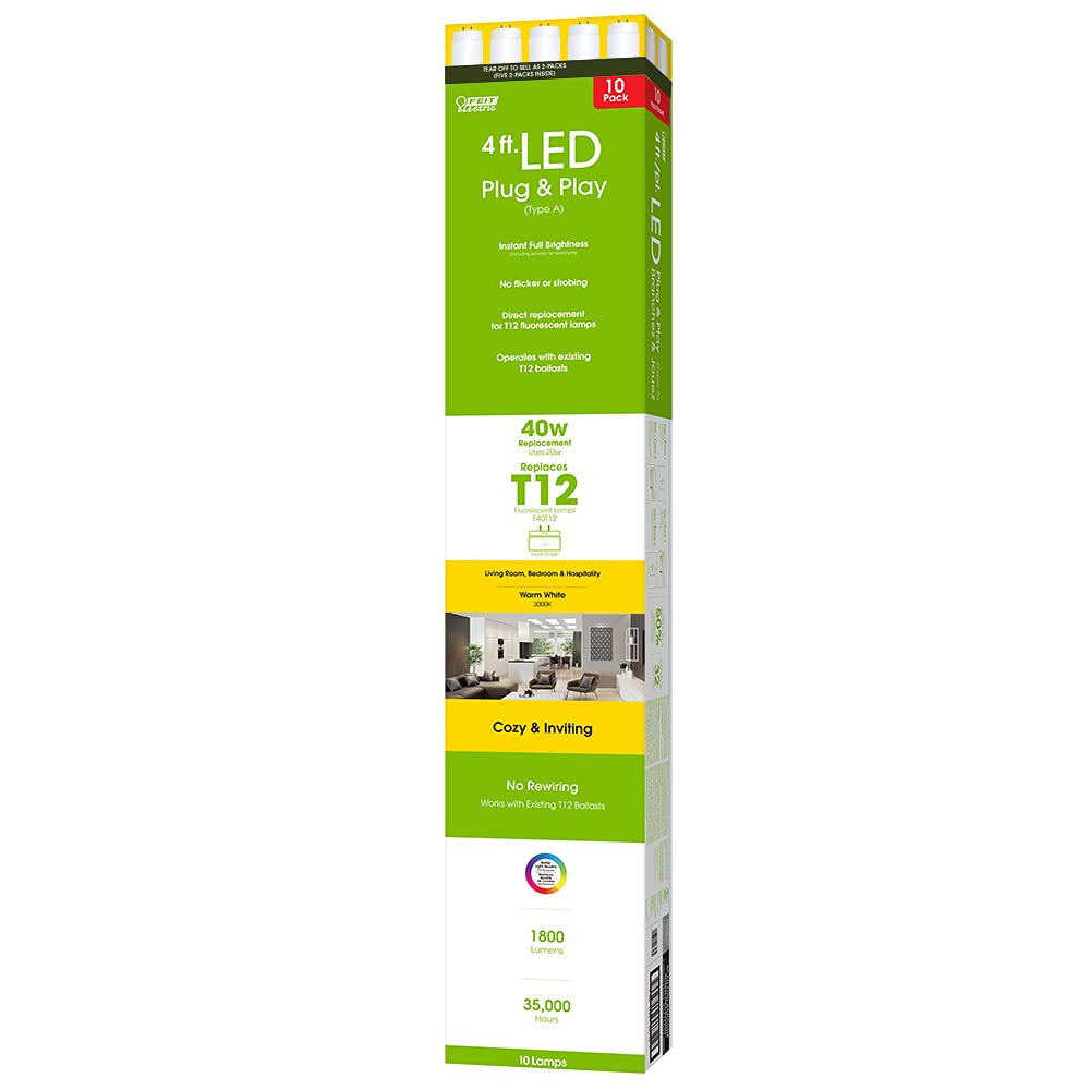 Feit Electric T1248/830/Ledg2/2/5 4 Ft. 40W Equivalent T12 Direct Replacement Warm White Linear Led Light Bulbs, 10-Pack